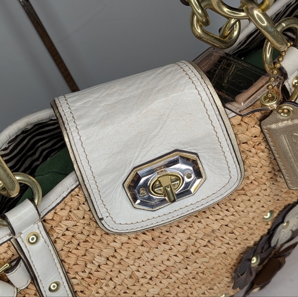 Coach Straw Floral Appliqué Tote Natalie Hampton 16763 Ivory Grey Stud Leather - Picture 9 of 16